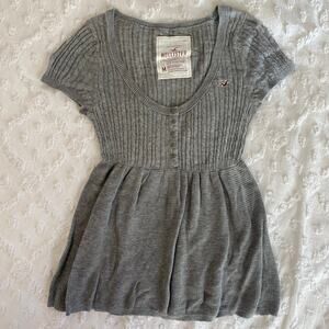 Y2K Hollister Scoop Neck Top Womens Sz Medium Babydoll Cable Knit Button Grey